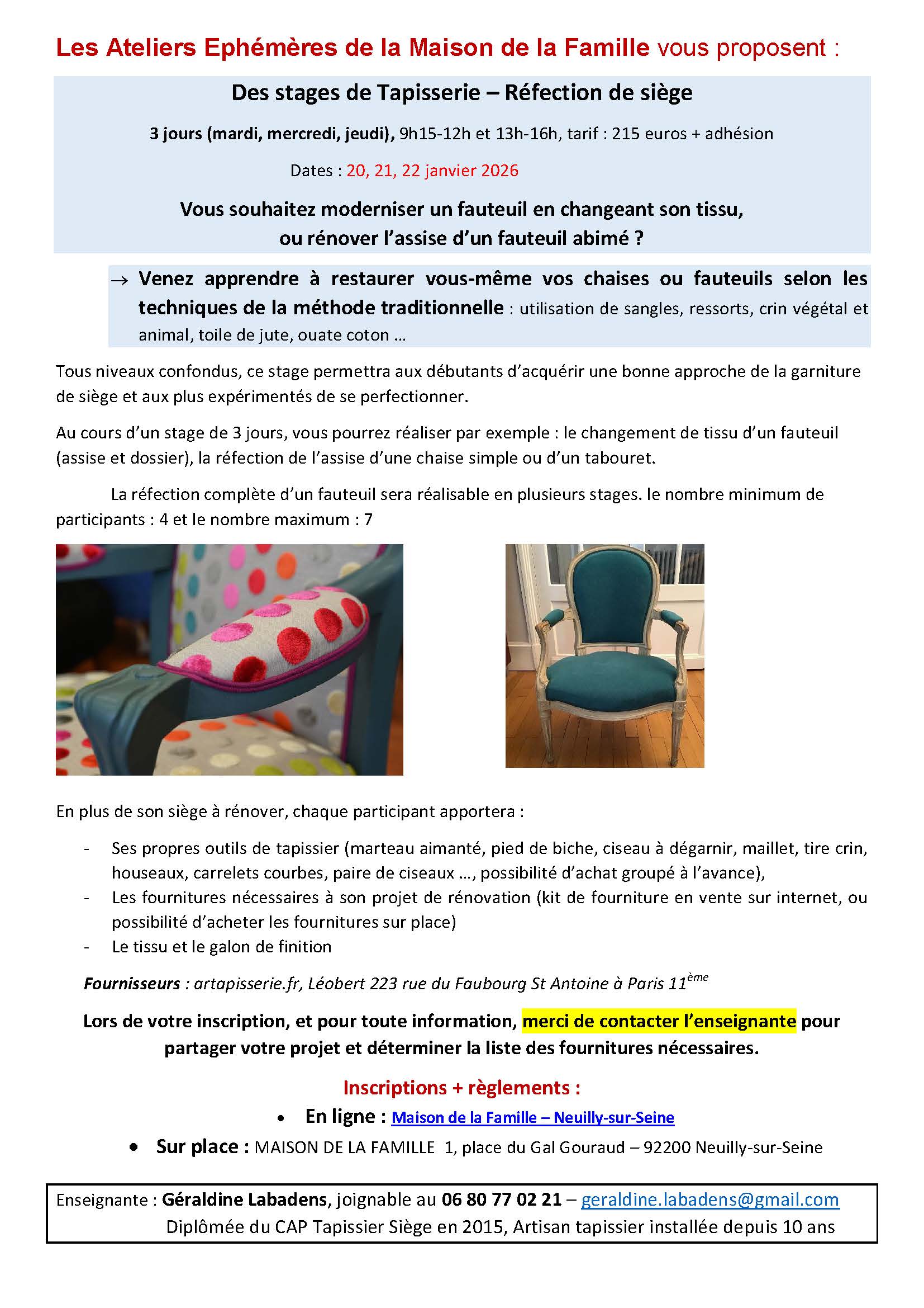 2025 2026 ATELIER EPHEMERE REFECTION DE SIEGE